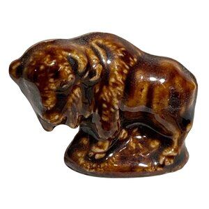 Vintage Wade England Buffalo Figurine Brown Glazed Ceramic Miniature Collectible